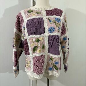 Vtg Jennifer Reed Chunky Knit Patchwork Sweater Floral Cottagecore Sz M Spring